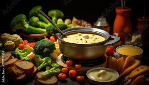A bowl of soup sits in the center surrounded by bread, broccoli, and various other foods on a table