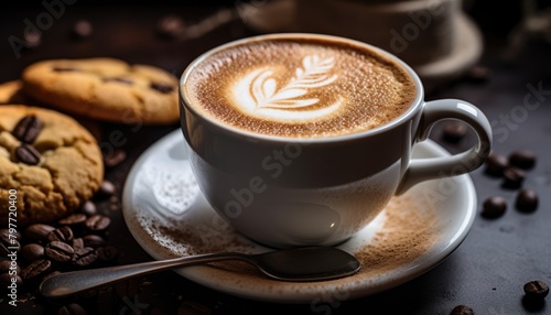 A steaming cup of cappuccino is accompanied by a spoon and sugar cookies on a table