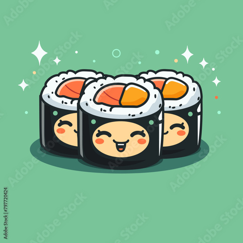 Cute Kawaii Maki Sushi. Vector Illustration.