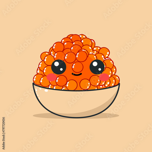 Cute kawaii salmon caviar in a bowl. Vector illustration.