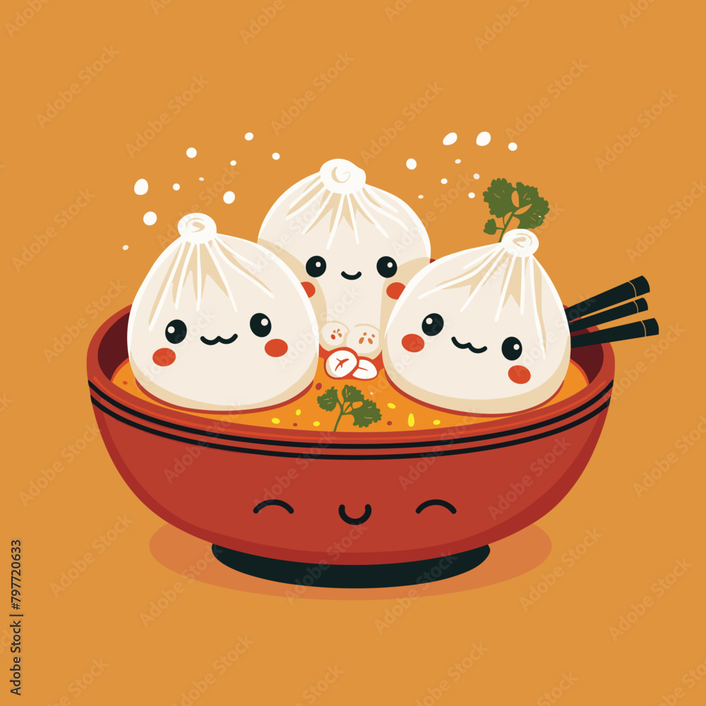 Kawaii rice dumplings in bowl, vector illustration.