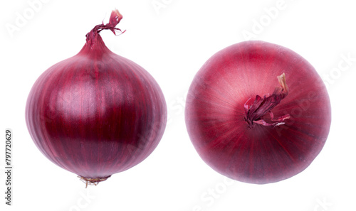 A close-up image of two vibrant red onions, showcasing their rich color and texture, isolated on a white background. Transparent PNG