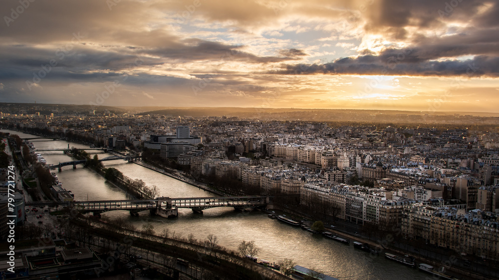 View over the river seine at sunset. Wide angle landscape photo of the city of Paris