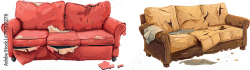 Damaged couches. Messy sofa with damage upholstery