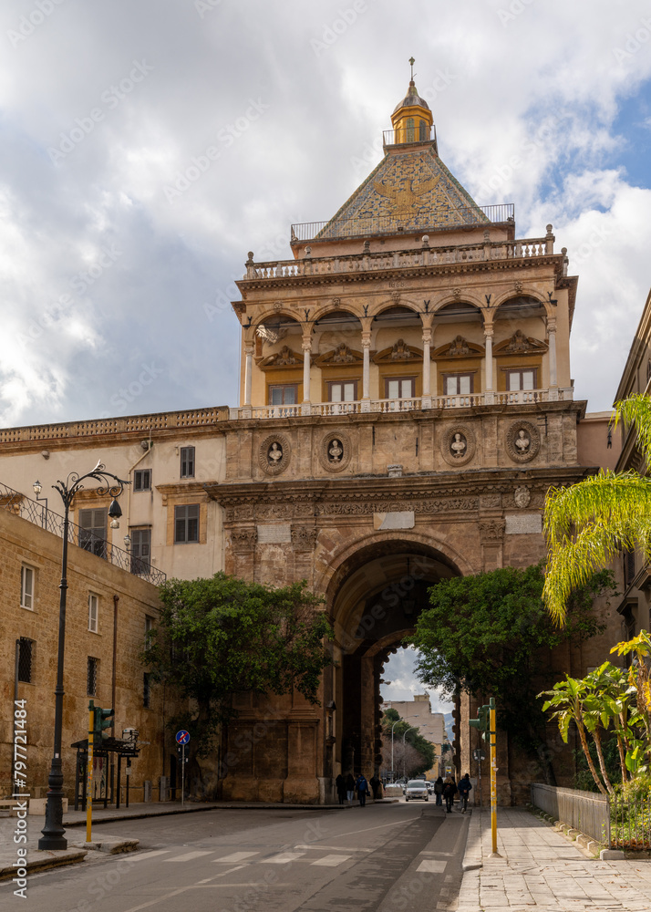 view of the Porta Nuova city gate in downtown Palermo