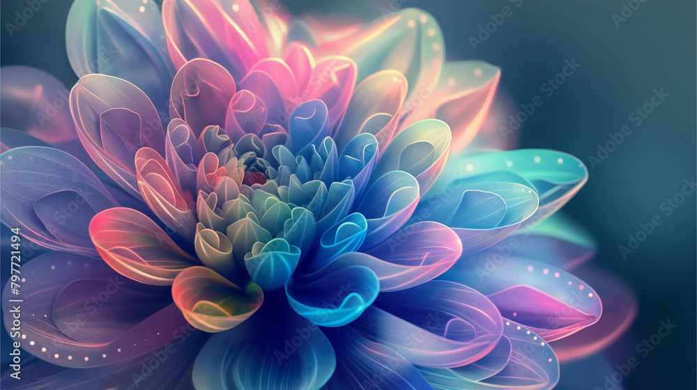 3D holographic flower blooming, its petals unfolding in a gradient illustration background 3D holographic flower blooming, its petals unfolding in a gradient illustration background