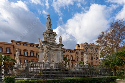 view of the Marble Theatre Monument to Philip V outside of the Norman Palace in downtown Palermo