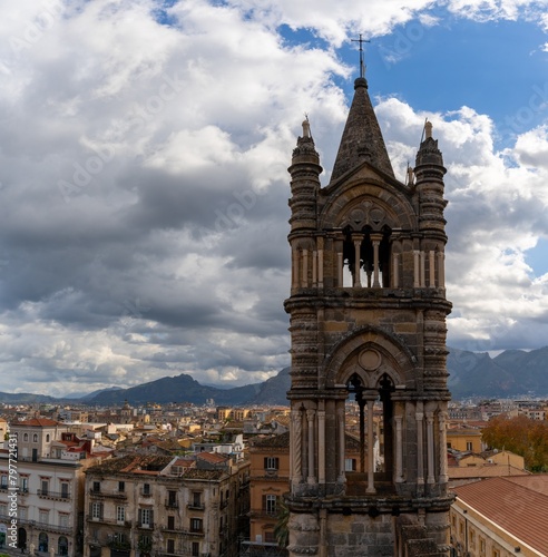 bell towers and rooftop with cupolas of the Palermo Cathedral