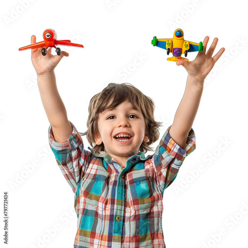 little child playing with airplane