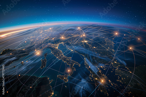 Expansive aerial shot capturing the earth's curvature juxtaposed with a network of logistic routes, symbolizing the global scale and interconnectedness of commodity logistics photo