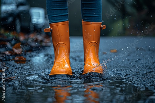 Vibrant orange boots wearer splashes in a puddle joyfully. photo