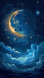 Cartoon moon and stars in a night sky, whimsical and serene, vector illustration, dark sky with bright celestial bodies, no text