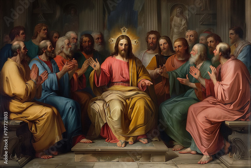 A symmetrical arrangement of listeners around Jesus  representing the order and harmony in his teachings