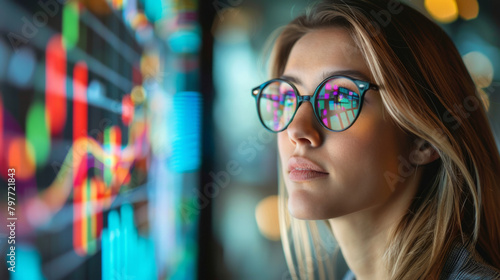 A business woman wearing glasses with long straight hair in a pony tail, analyzing a financial report on a virtual screen