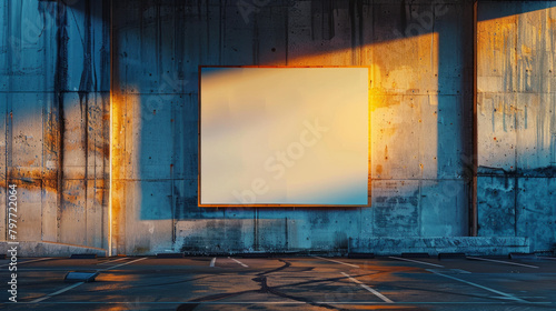 A blank poster mockup on a concrete wall in a car park during the evening, with dramatic shadows from the light creating a dynamic composition.