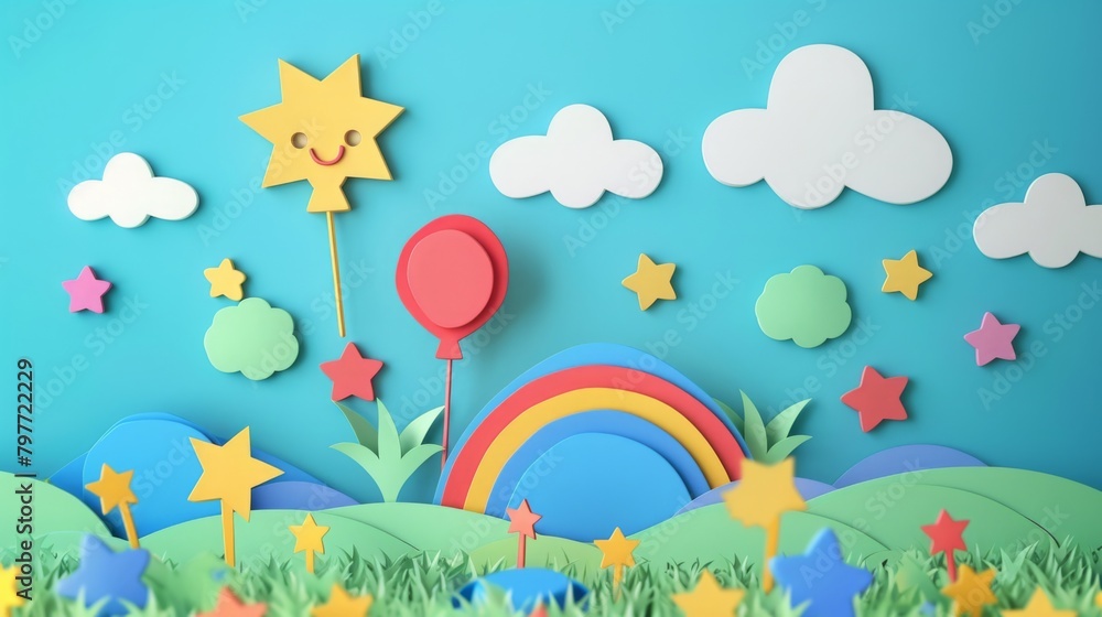 Cute Paper Cutout Sky Scene with Rainbow and Stars Cute Paper Cutout Sky Scene with Rainbow and Stars