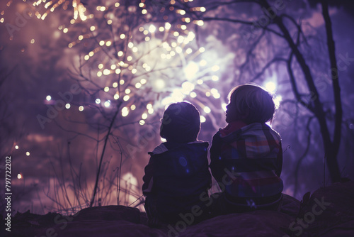 Genuine amazement frozen in time as children watch fireworks light up the dark sky