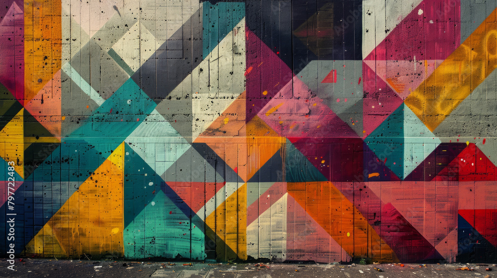 Vibrant contemporary graffiti showcasing geometric patterns and digital motifs in a bustling metropolitan setting.