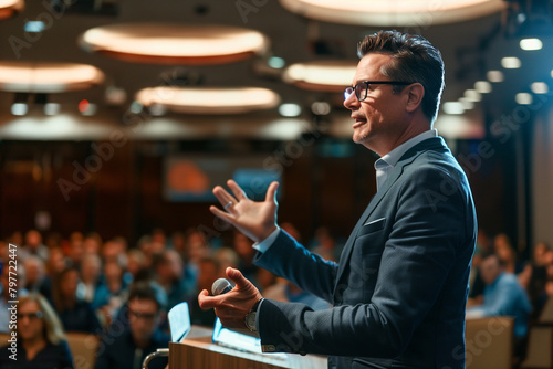 Charismatic speaker engaging audience with dynamic presentation photo