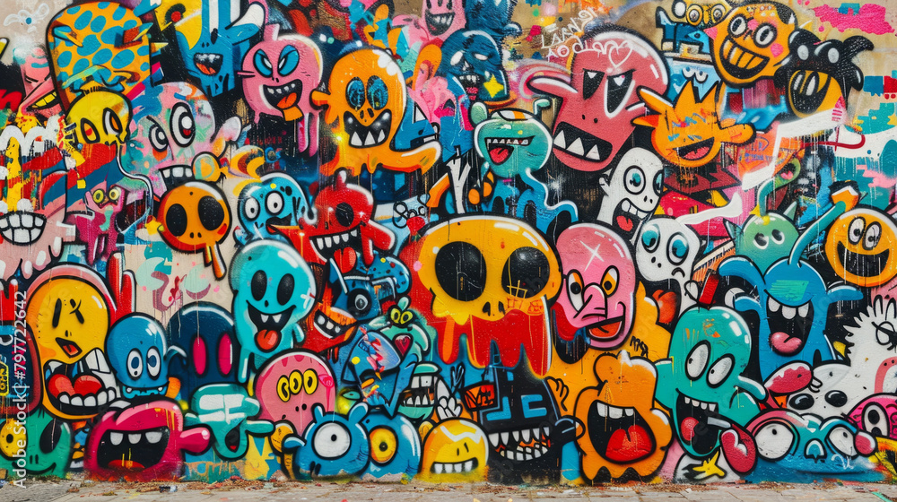Vibrant graffiti wall in city park featuring expressive characters, showcasing urban artistry and creativity. Vibrant graffiti wall in city park featuring expressive characters, showcasing urban artistry and creativity.
