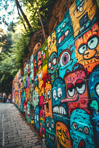 Wallpaper Mural Vivid graffiti art in a lively city park, showcasing vibrant and animated characters. Torontodigital.ca