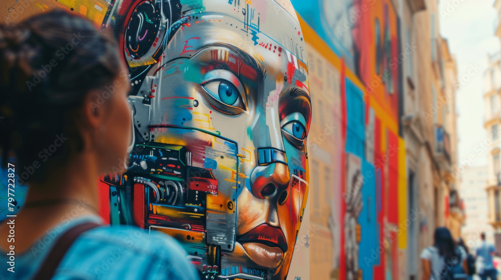Innovative robot artist creating mural in urban setting as audience observes