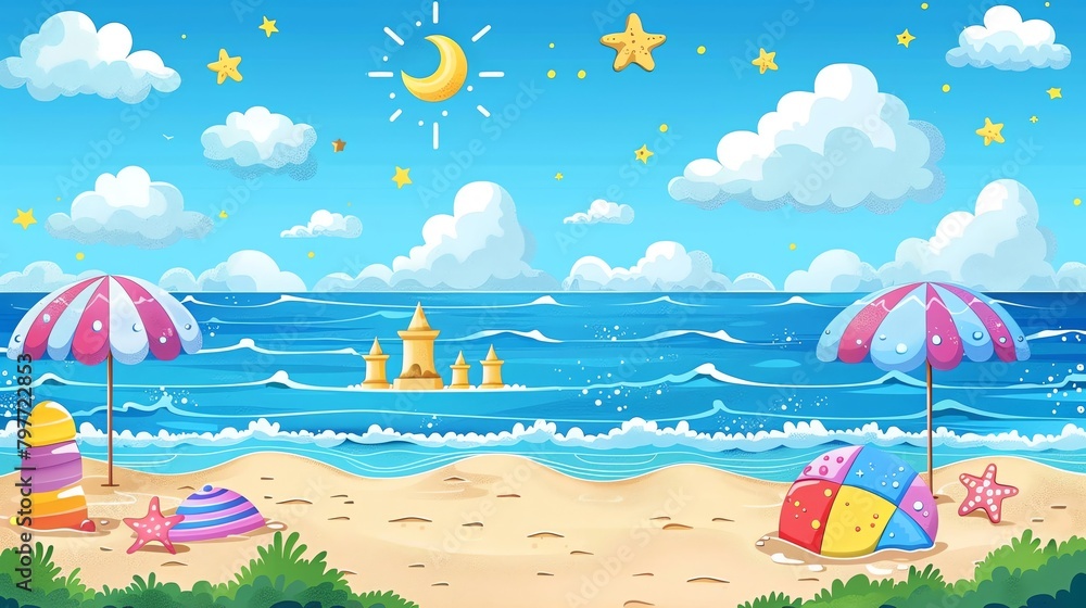 Cartoon beach party with umbrellas and sandcastles, festive and sunny, vector art, bright beachwear colors, no people
