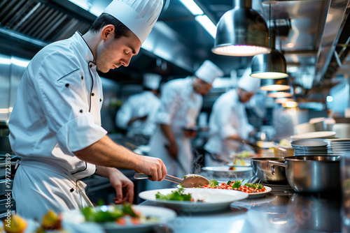 Candid shot of a chef passionately preparing a gourmet dish in a busy restaurant kitchen