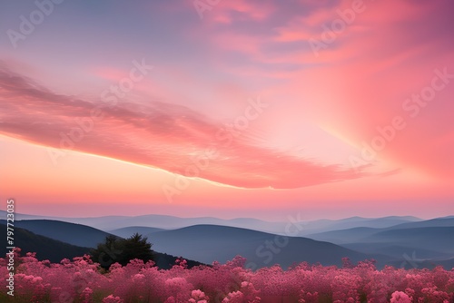 Beautiful sunset over pink flowers with pink gradient resembling a sunrise sky.