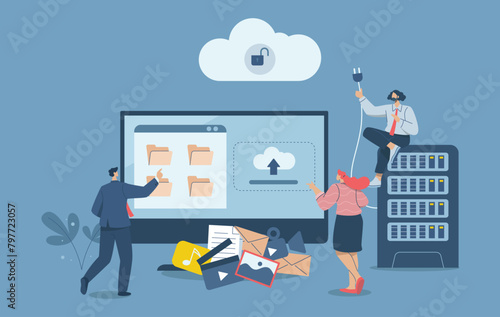 Organizing important information and Storing company or organization data in secure cloud server technology, Protection of corporate databases and sensitive personal data in computer.