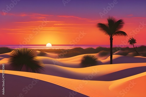 A desert scene at sunset with palm trees silhouetted against a gradient sky in shades of orange from fiery tangerine to soft peach.