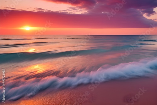 A stunning ocean sunset with waves crashing. The image showcases a rectangular gradient in shades of blue and pink  resembling the soft hues of dawn break.