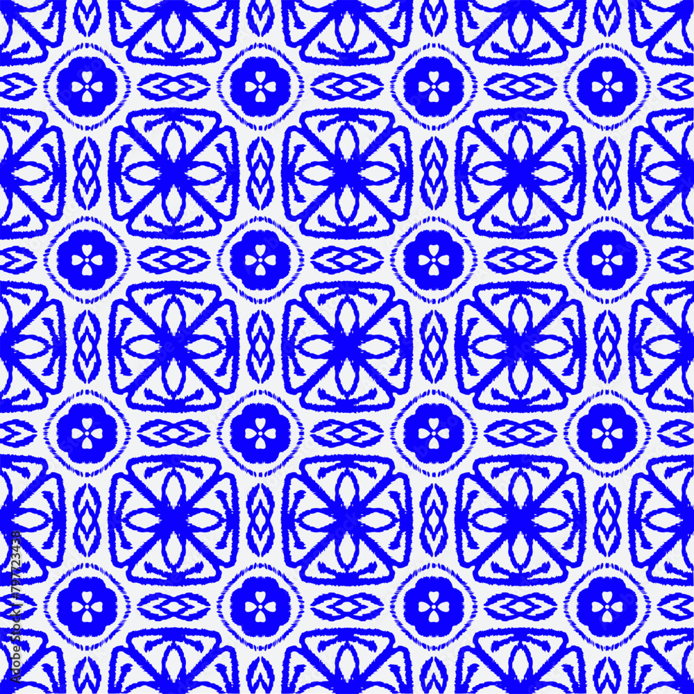 A seamless pattern of blue and white ceramic tiles with a floral motif.