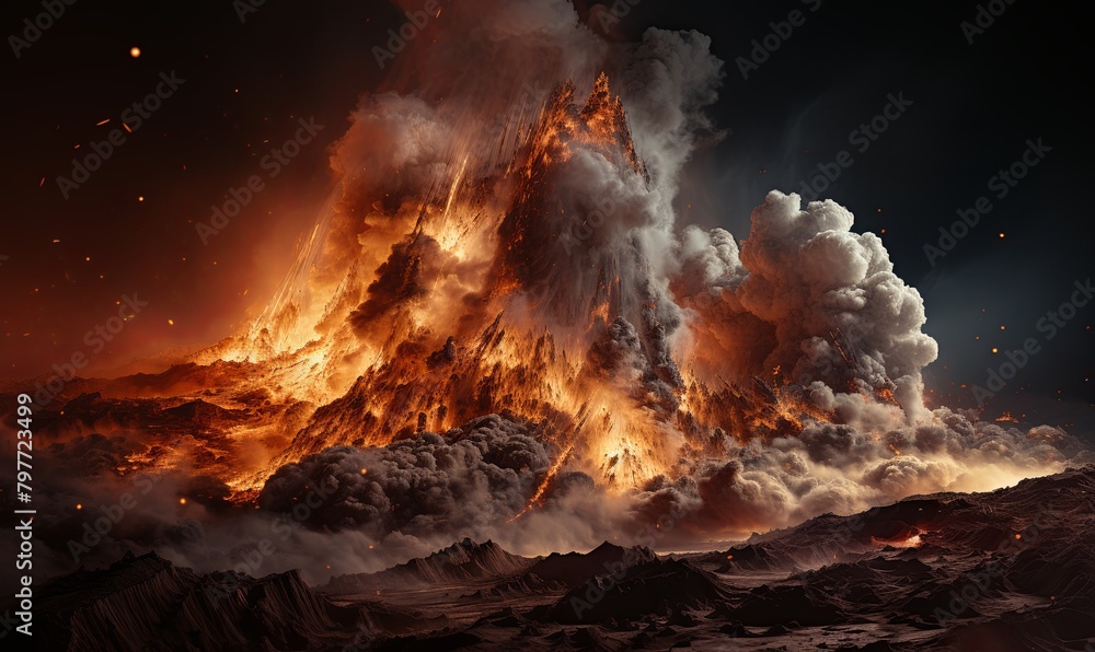 Massive Volcano Erupting Against Dark Sky