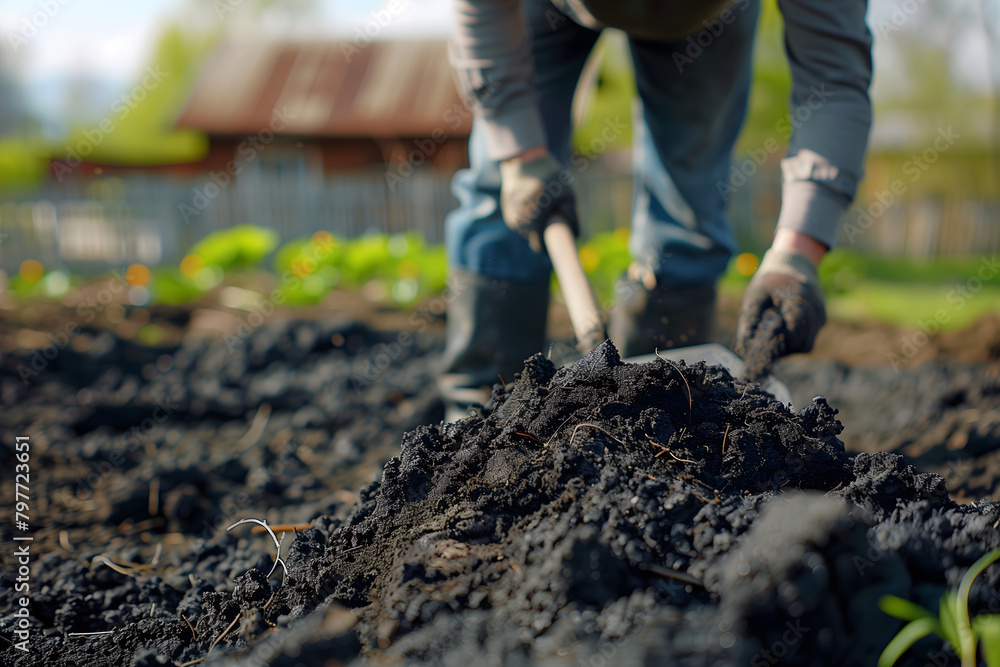Gardener is digging soil with a shovel at spring green outdoors background. Gardener is digging soil with a shovel at spring green outdoors background.