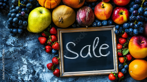 Farmer's market stall with a variety of organic fruits. Board with the inscription sale in chalk. Generative AI