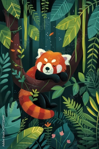 flat illustration of red panda with calming colors