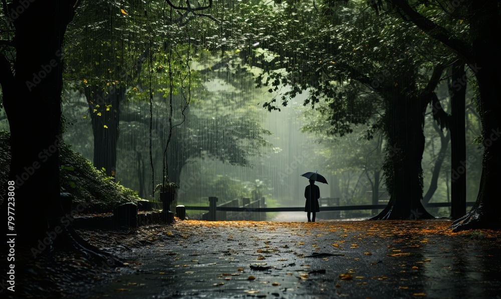 Person With Umbrella Standing in Rain Person With Umbrella Standing in Rain