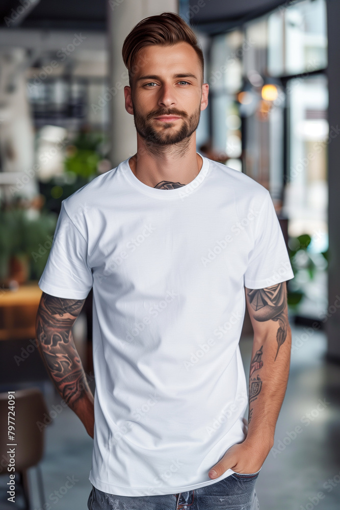 A man with tattoos on his arms stands in front of a window with a white shirt on