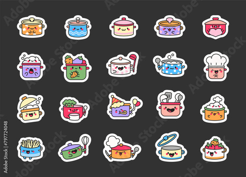 Cute kawaii cooking pots. Sticker Bookmark. Funny cartoon characters. Hand drawn style. Vector drawing. Collection of design elements.