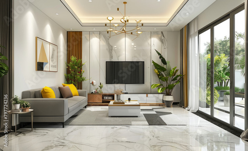 Modern living room with a black and white color scheme  sofa  coffee table  TV cabinet  carpet  floor-to-ceiling windows  curtains  chandelier  wall decoration  wooden grain cabinets  yellow chair