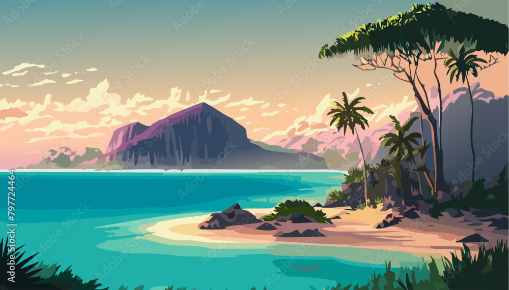 Naklejka premium Landscape tropical island and beach with palm in the sunset