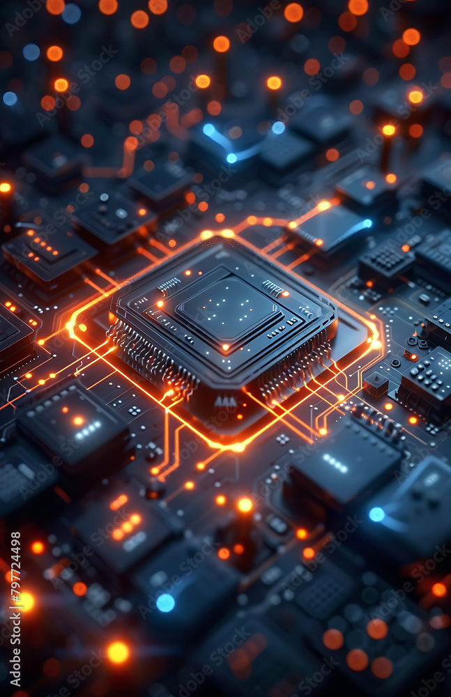 Abstract technology background of a quantum computing system with processor and electronic circuit. Artificial neurons, global data connections