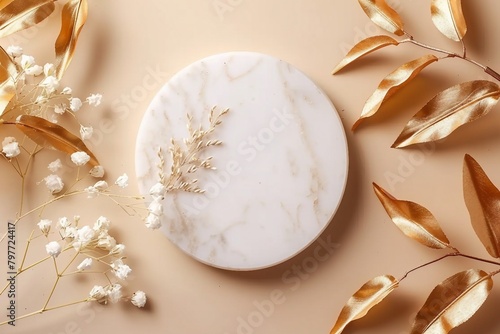 Dry natural grass, leaves and flowers frame with white marble podium, beauty and fashion concept mock up on beige background flat lay, top view, copy space. generative ai. photo