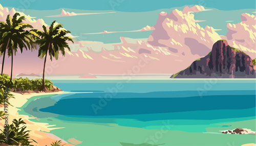 Landscape tropical island and beach with palm trees in the sunset