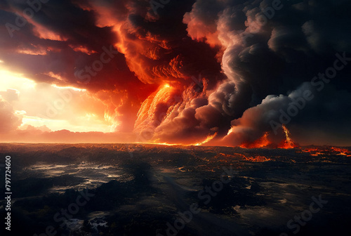 Fire hurricane cloudscape in ravages sky. Visual artwork of climate change-induced apocalypse and natural disaster. Global ecological apocalyptic concept. Gen ai illustration. Copy ad text space