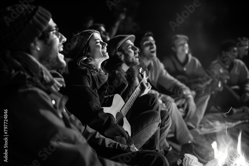 Joyful expressions captured as friends sing campfire songs together.