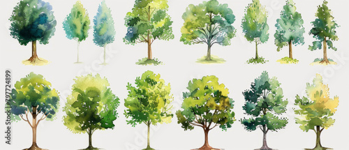 A beautiful collection of hand-drawn watercolor trees depicting a variety of forest trees. photo