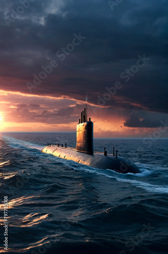 Scenery of heavy nuclear submarine floating in vast ocean at sunset sky. Sub in rough water, military control of sea. Protection of water state borders. Naval forces army concept. Copy ad text space