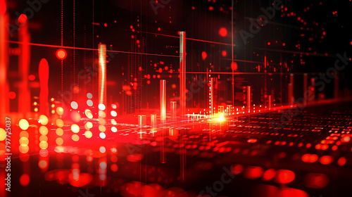  Abstract digital chart background, stock business graph in red, bankruptcy, loss and recession in finance, crash and crisis in economy